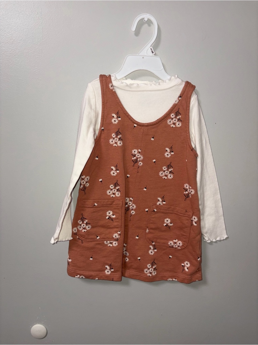 Carters 2 Piece Terracotta White Floral Ruffle Neck Long Sleeve Jumper Dress 3T